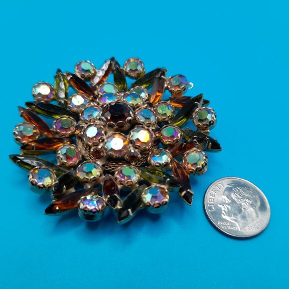 Vintage Topaz AB Rhinestone Floral Brooch Green Navette Gold Tone 2.25\